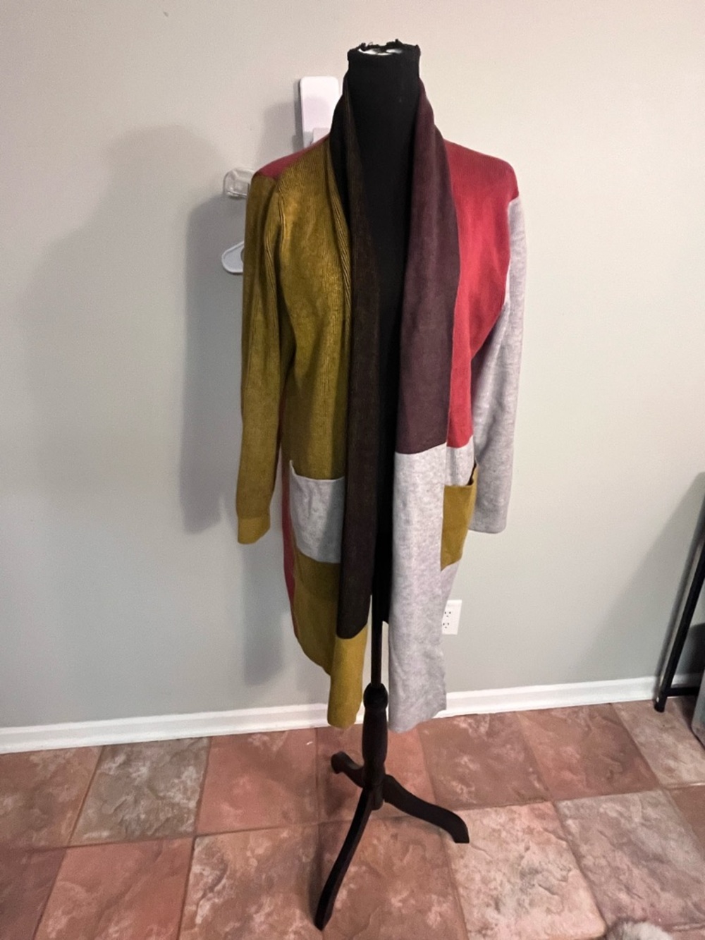 Kerisma Multi-Colorblock Open Front Cardigan - Olive, Red, Gray, Brown
